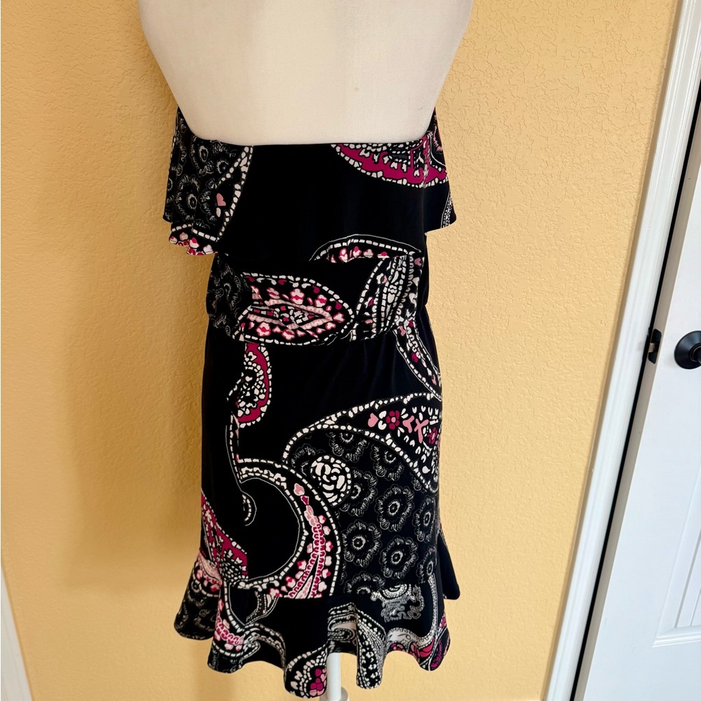 White House Black Market Black and Pink Strapless Ruffled Dress